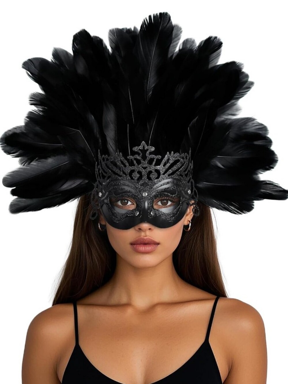 NEW! Black Feather Masquerade Headpiece And Mask